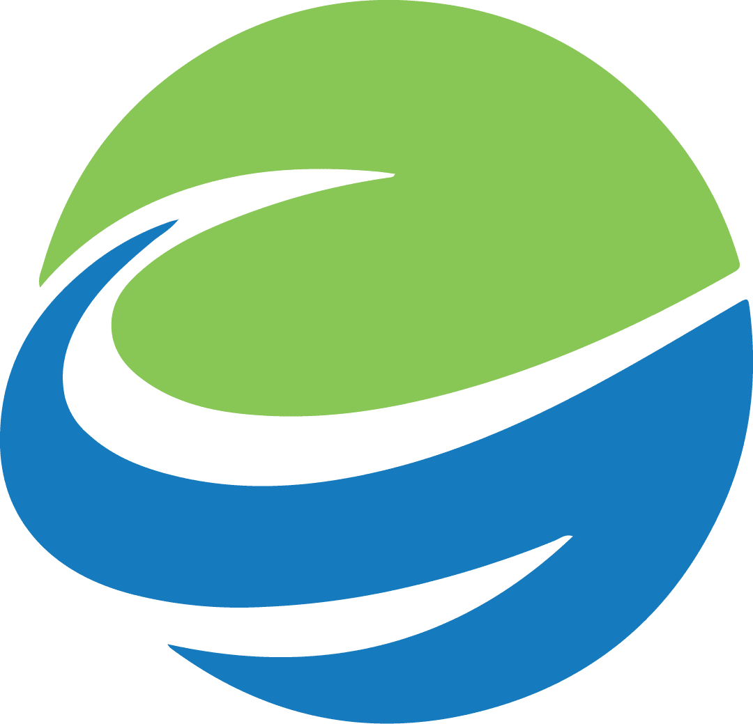 logo-bg A circular logo with a green upper half and a blue lower half, separated by a white, swooping wave-like design.